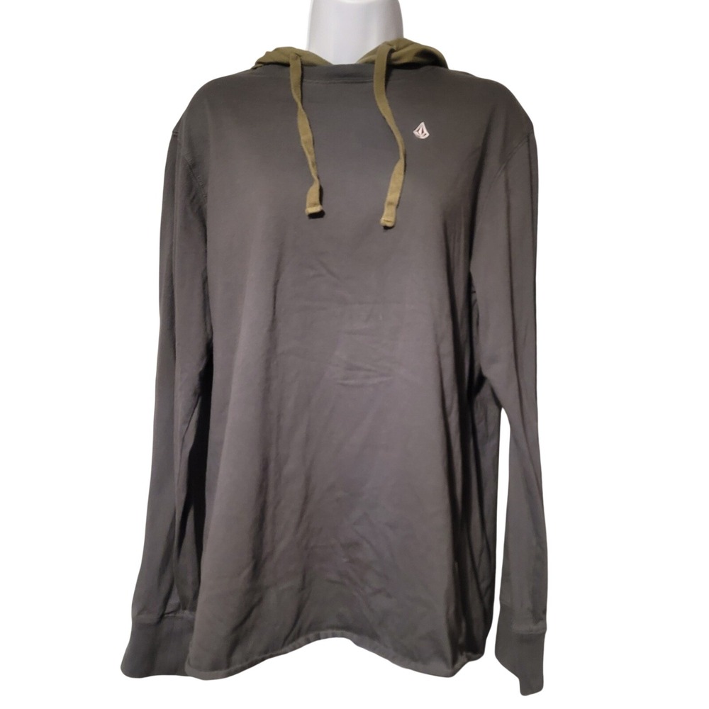 Volcom Womens Large Gray Olive Green Long Sleeve Hooded T-Shirt Graphic Sleeve‎